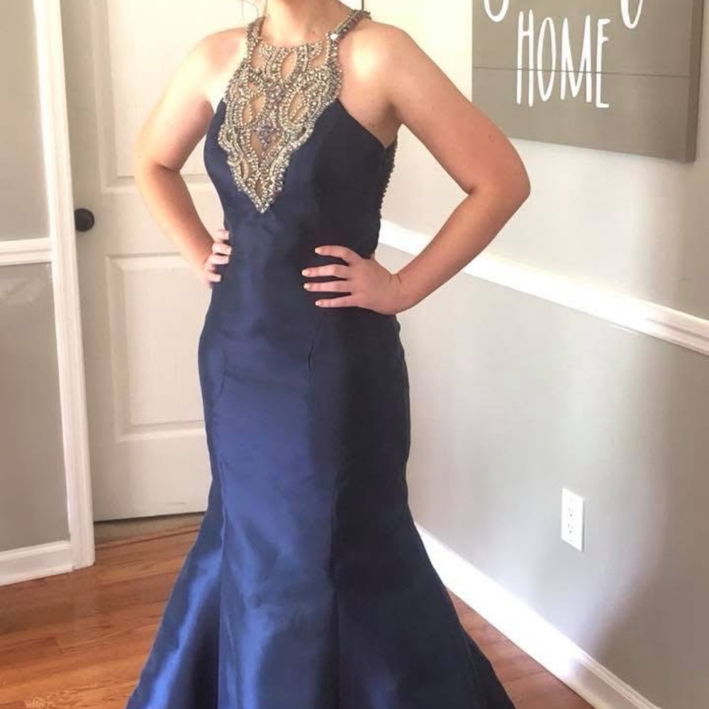 Rachel Allan Navy Satin Beaded Mermaid Gown – Worn Once